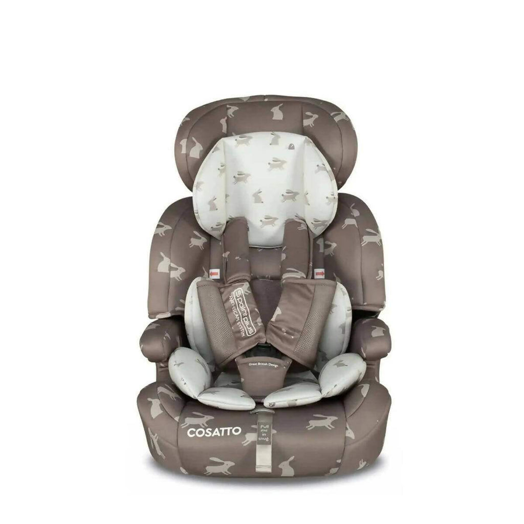 Front view toddler car seat in brown with white animal print, cushioned side wings