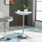 White round bar table top on chrome pedestal with wide circular base