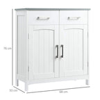 White freestanding bathroom cabinet with two drawers above double doors and vertical metal handles