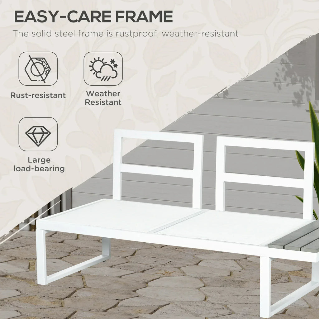 4 Pieces Garden Furniture Set, 5-Level Reclining Garden Corner Sofa Set, Outdoor Lounge Conversation Sectional with Cushions, Wood Effect Plastic Table, White Frame & Grey Cushion - Bobobiy