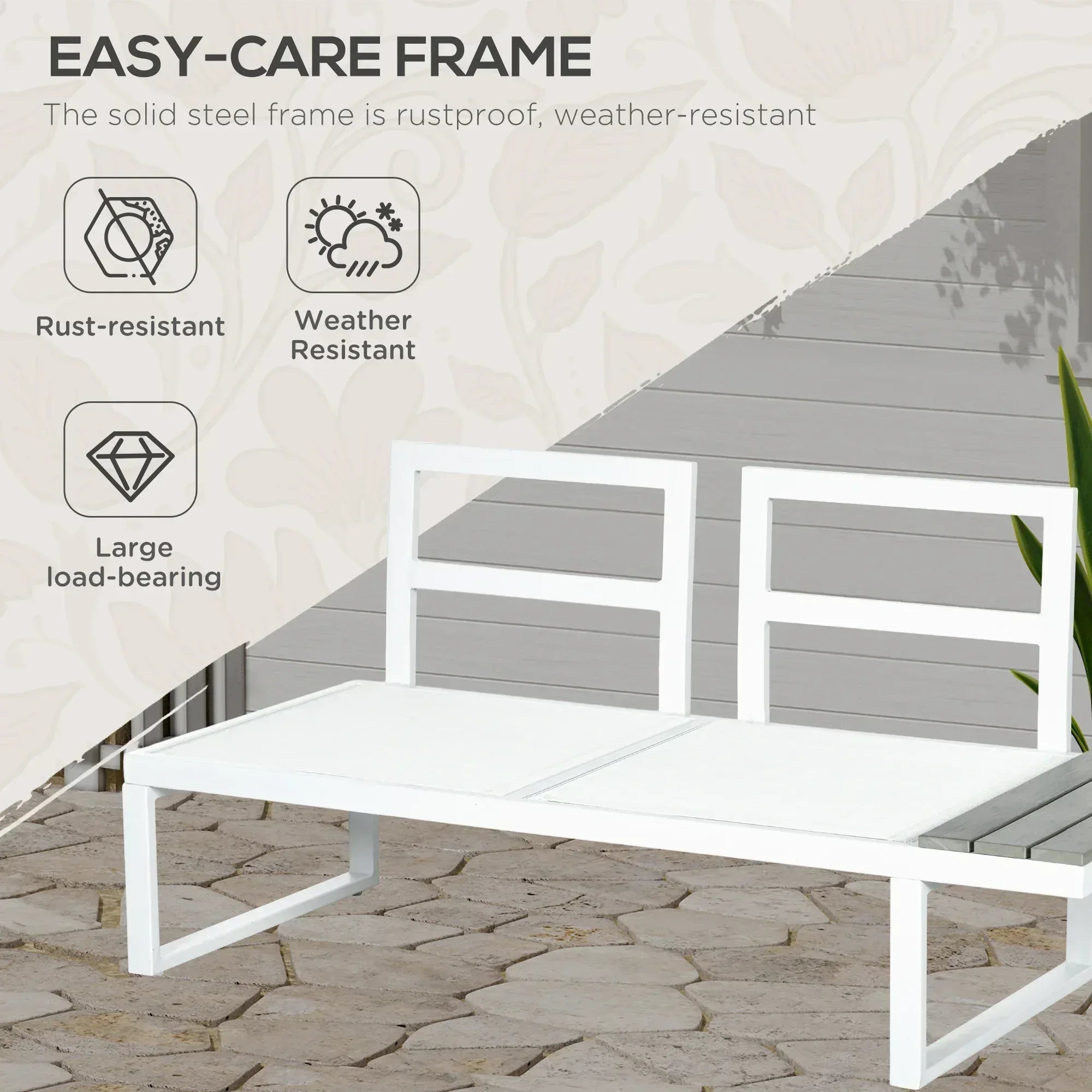 4 Pieces Garden Furniture Set, 5-Level Reclining Garden Corner Sofa Set, Outdoor Lounge Conversation Sectional with Cushions, Wood Effect Plastic Table, White Frame & Grey Cushion - Bobobiy