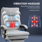 Grey office chair with footrest, illustrated vibration and heating massage areas on back