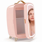 Pink 6L mini skincare refrigerator with LED-lit mirror window and gold stand legs