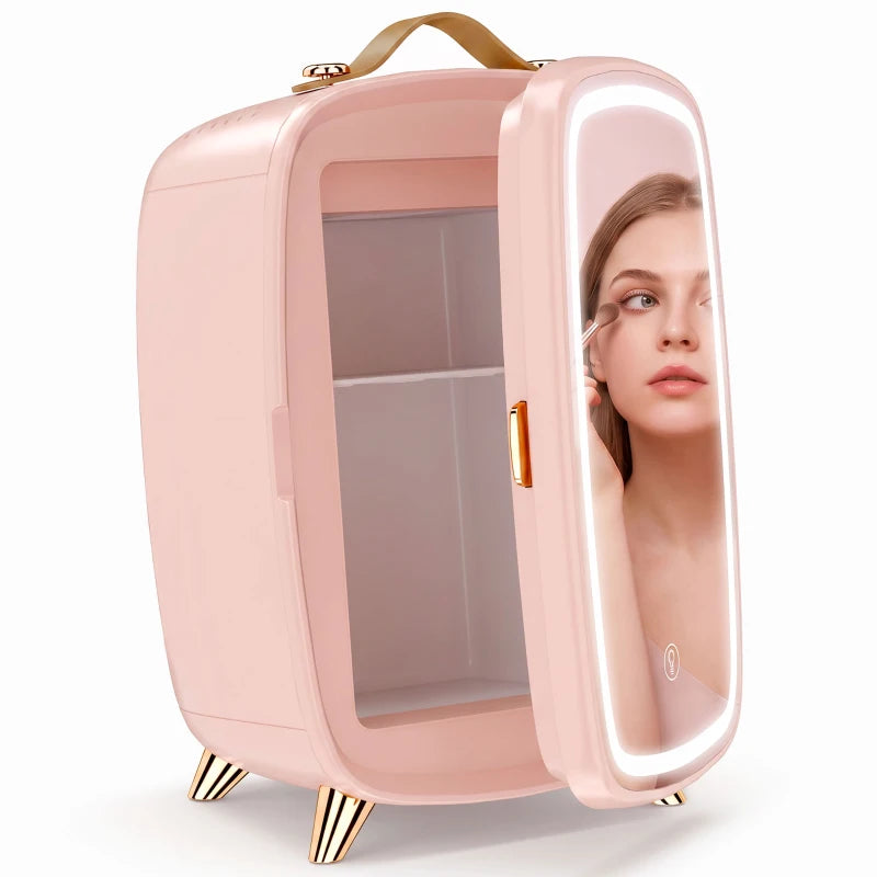 Pink 6L mini skincare refrigerator with LED-lit mirror window and gold stand legs