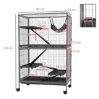 Grey wire small animal cage with hammock and tiered shelves, with size measurement diagram.