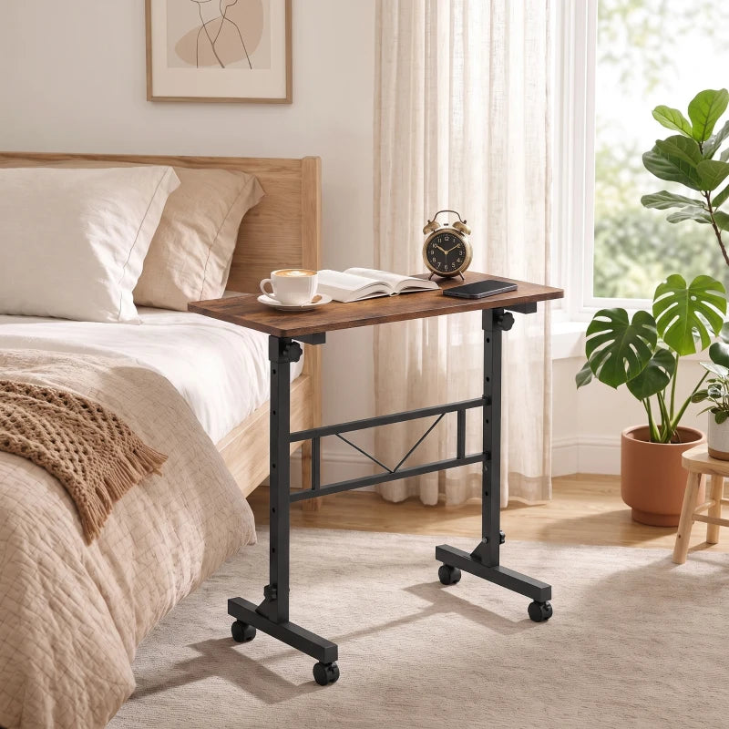Overbed sofa side table with rustic brown top, black frame, and rolling casters