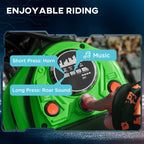 Green control panel on electric dirt bike with orange button switches and key slot