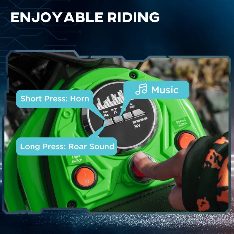 Green control panel on electric dirt bike with orange button switches and key slot