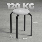 Grey round backless cushioned stool with black legs, size and seat height shown