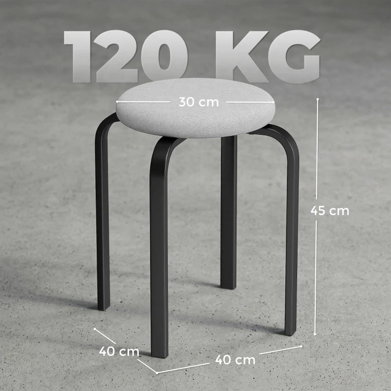 Grey round backless cushioned stool with black legs, size and seat height shown