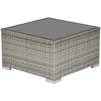 Square wicker rattan coffee table with grey glass top, light grey woven sides and metal feet