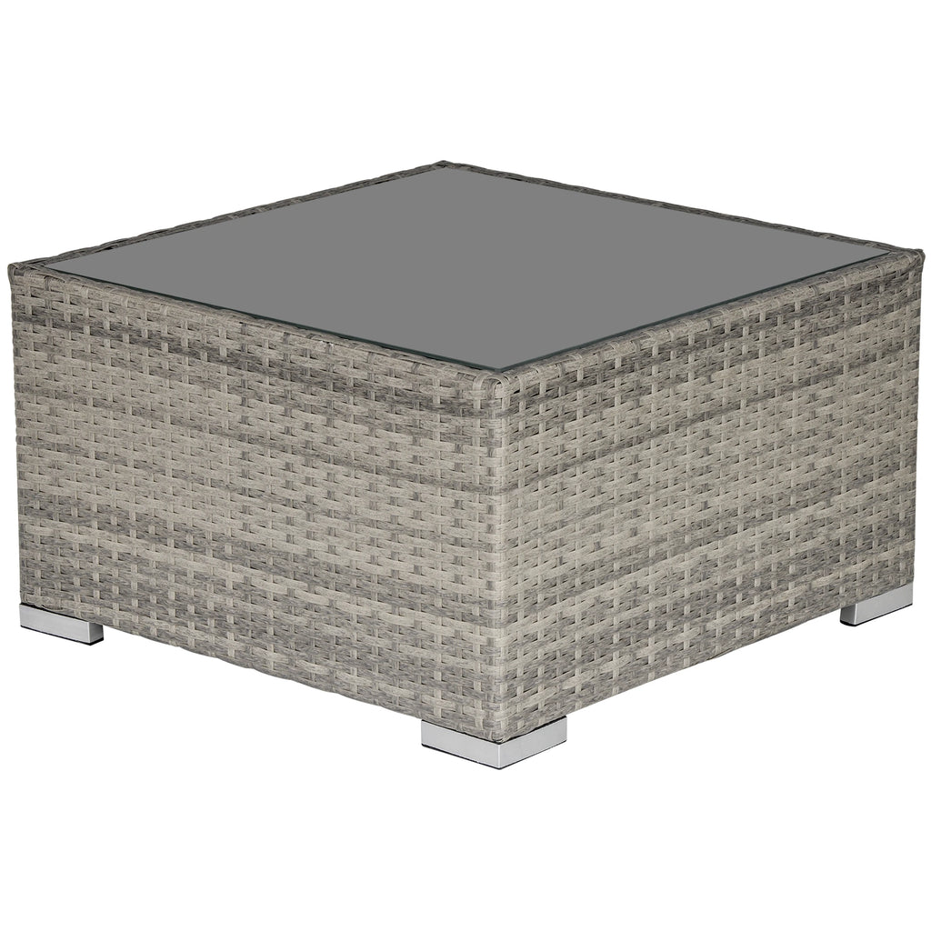 Square light gray PE wicker coffee table with a glass top and metal feet