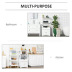 White freestanding cabinet with shelves, drawer, and doors for multi-use storage