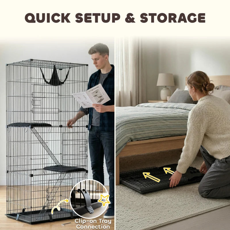 Black 3-tier cat cage with removable tray and quick setup for storage