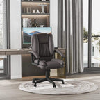 Brown mid-back office chair with padded seat, backrest, and armrests on caster wheels