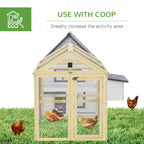 Wooden chicken run attached to a small coop, with wire mesh panels and natural wood finish