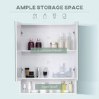White mirror cabinet interior with two compartments and an open shelf below the storage area.