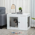 White 2-in-1 dog cage and side table with open door, metal bars, and side cabinet