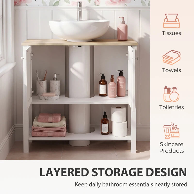 White under-sink cabinet with open shelves for toiletries, towels, and storage items