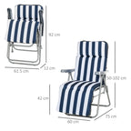 Pair of blue and white striped folding sun loungers with adjustable reclining backrest