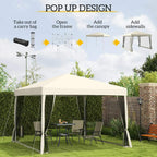 Pop-up gazebo with tan roof and mesh walls, with setup sequence graphics above.