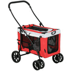 Red foldable pet stroller with black handle, mesh windows, and four low-profile wheels