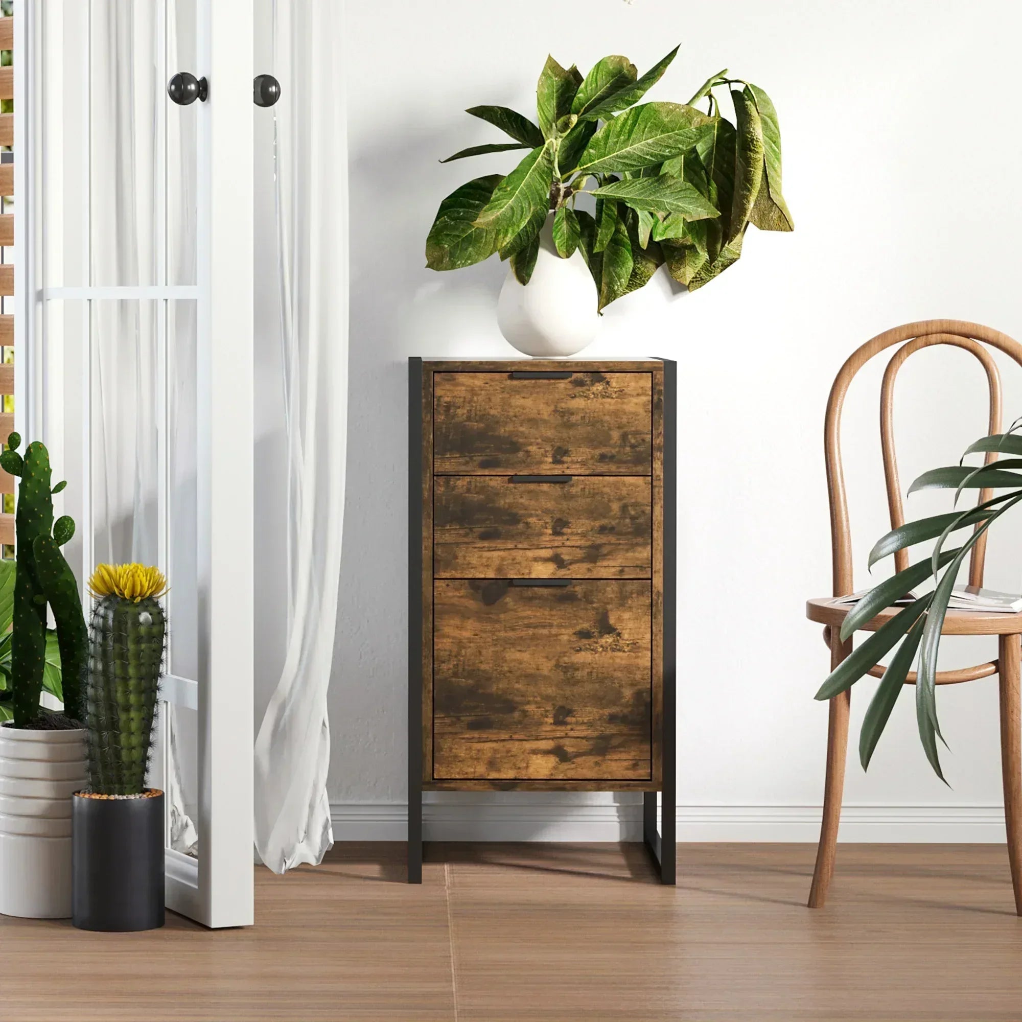 Bedroom Chest of Drawers, Industrial 3-Drawer Dresser, Storage Drawers Unit with Metal Frame for Living Room, Rustic Brown - Bobobiy