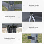 Grey gazebo tent with Velcro straps and connecting hooks for securing mesh panels