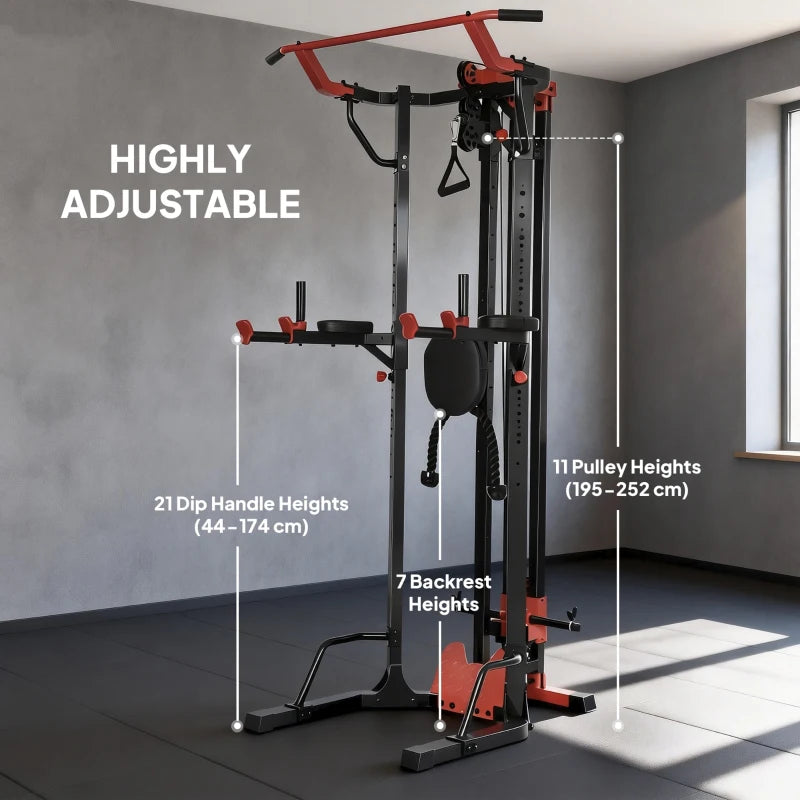 Adjustable power tower with pull-up bar, multi-position backrest, dip handle, black and red.