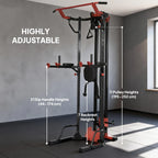 Adjustable power tower with pull-up bar, multi-position backrest, dip handle, black and red.