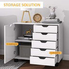 White mobile office cabinet with open side compartment and stacked drawer fronts