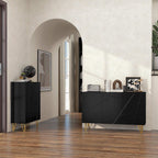 Black high-gloss sideboard with geometric doors and gold hairpin legs