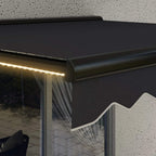 Grey electric awning close-up with LED strip along the front cassette edge