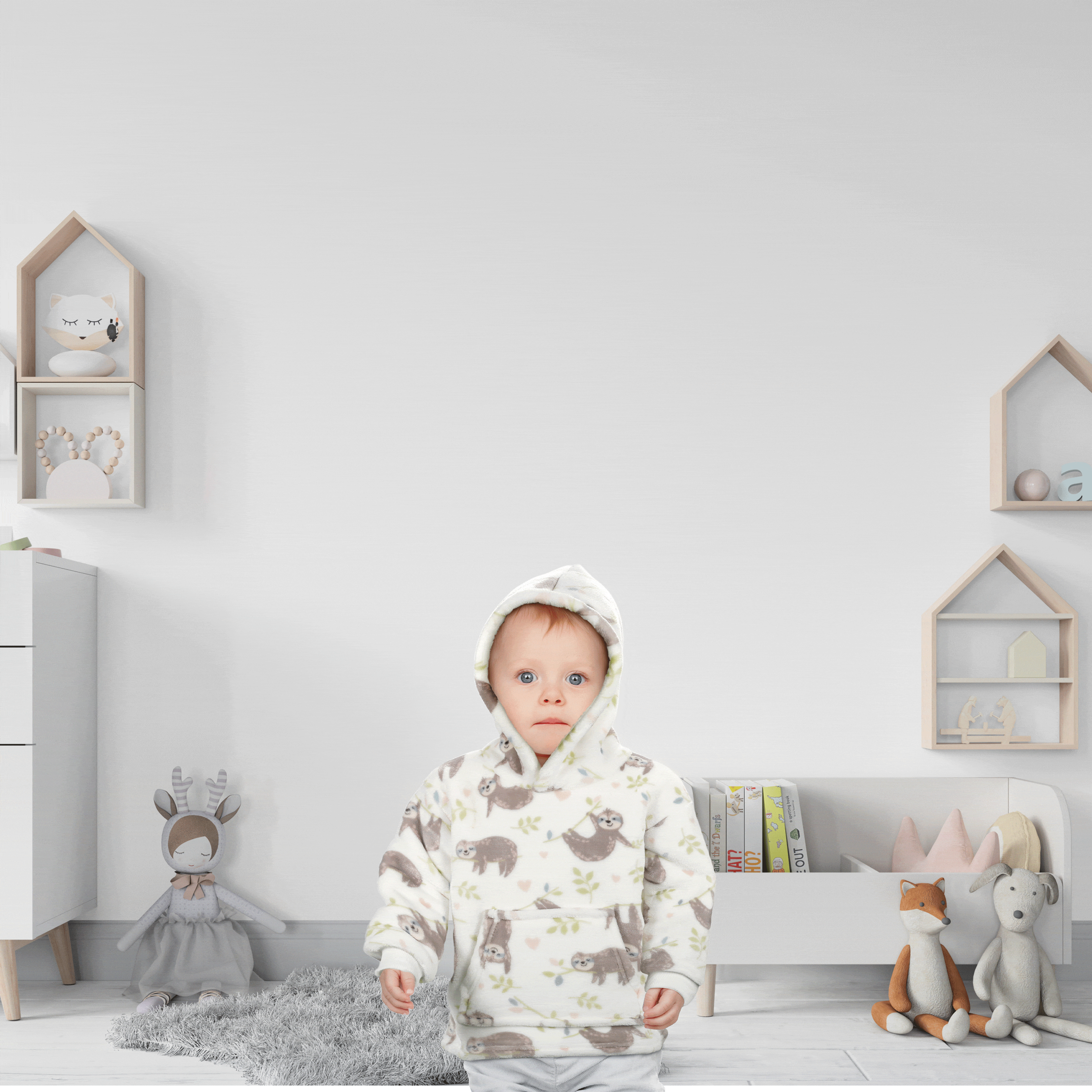 Safari & Sloth Infant Hooded Blanket with Pocket for Toddlers Ages 0-2 Warm Unisex Loungewear