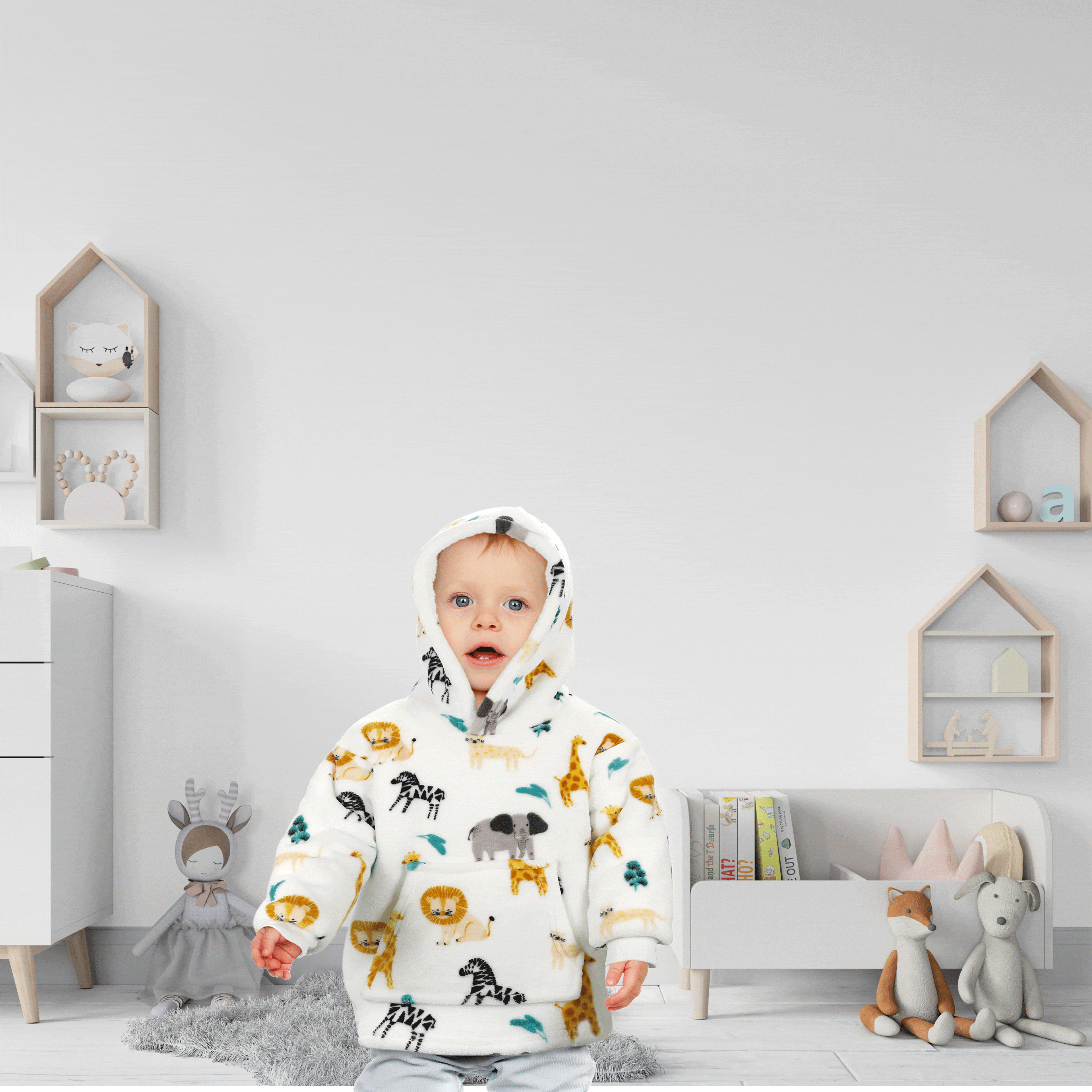 Safari & Sloth Infant Hooded Blanket with Pocket for Toddlers Ages 0-2 Warm Unisex Loungewear