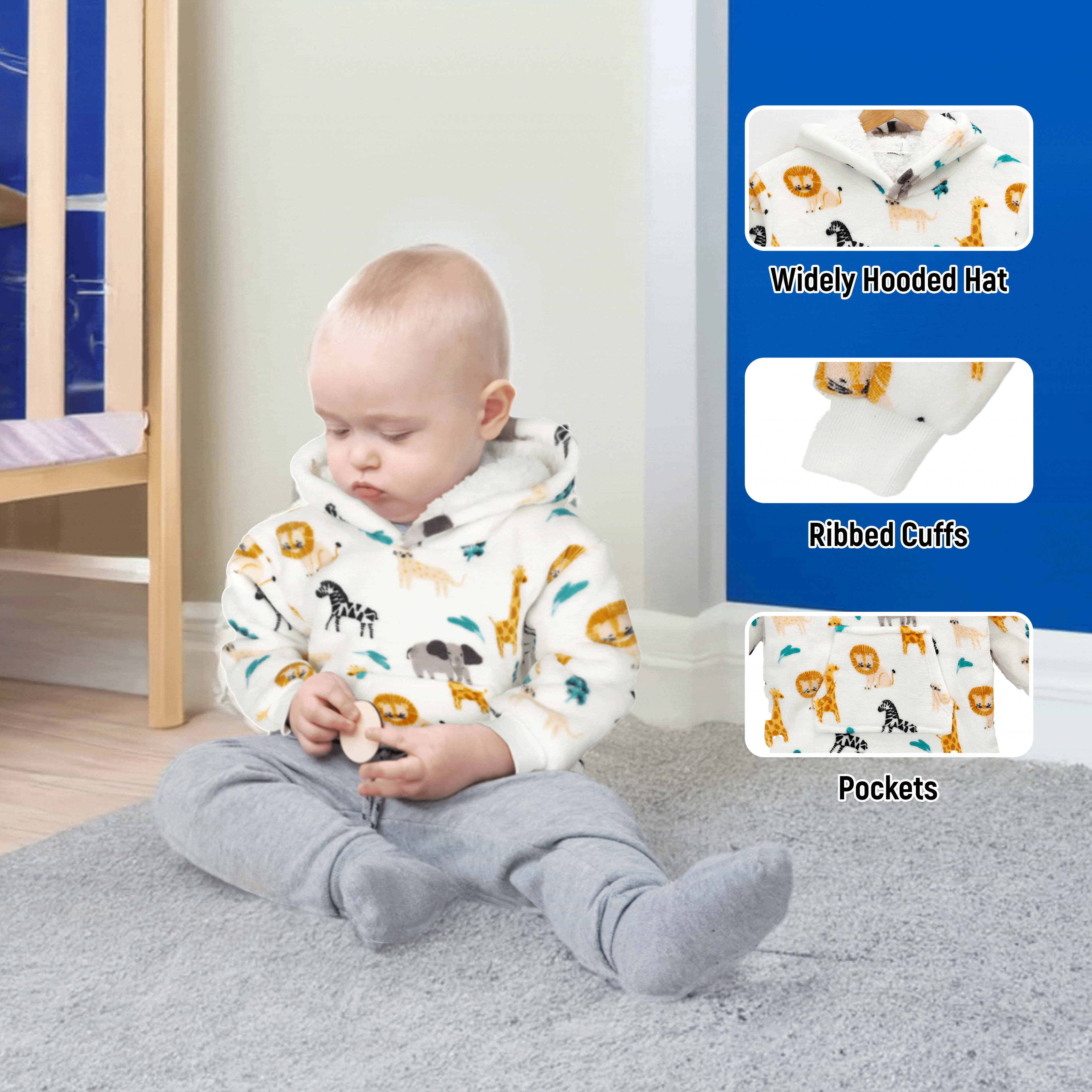 Safari & Sloth Infant Hooded Blanket with Pocket for Toddlers Ages 0-2 Warm Unisex Loungewear