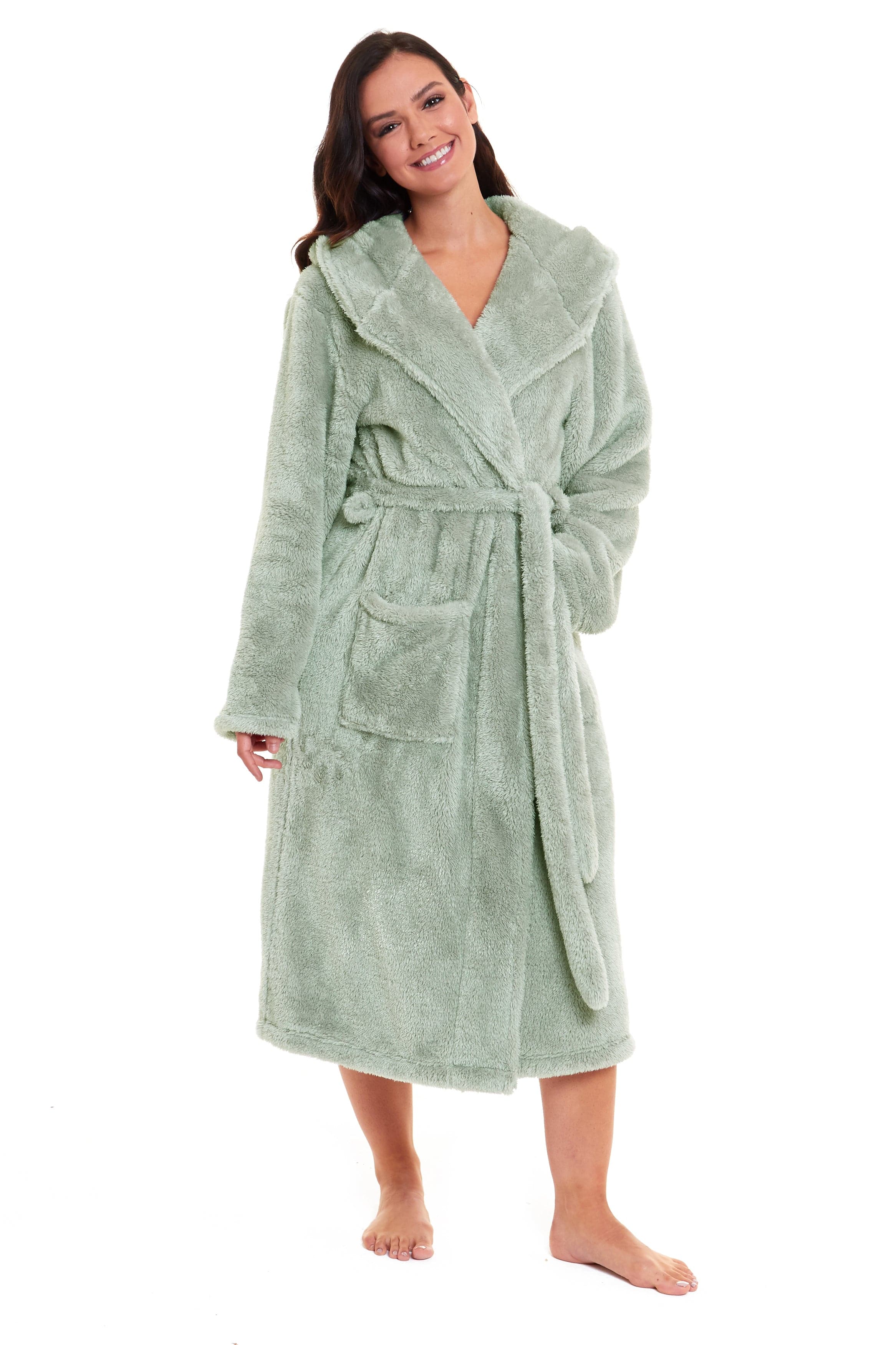 Women's Sage Green Snuggle Fleece Touch Hooded Robe Luxurious Soft Loungewear Cosy Durable Dressing Gown UK Sizes 8-22