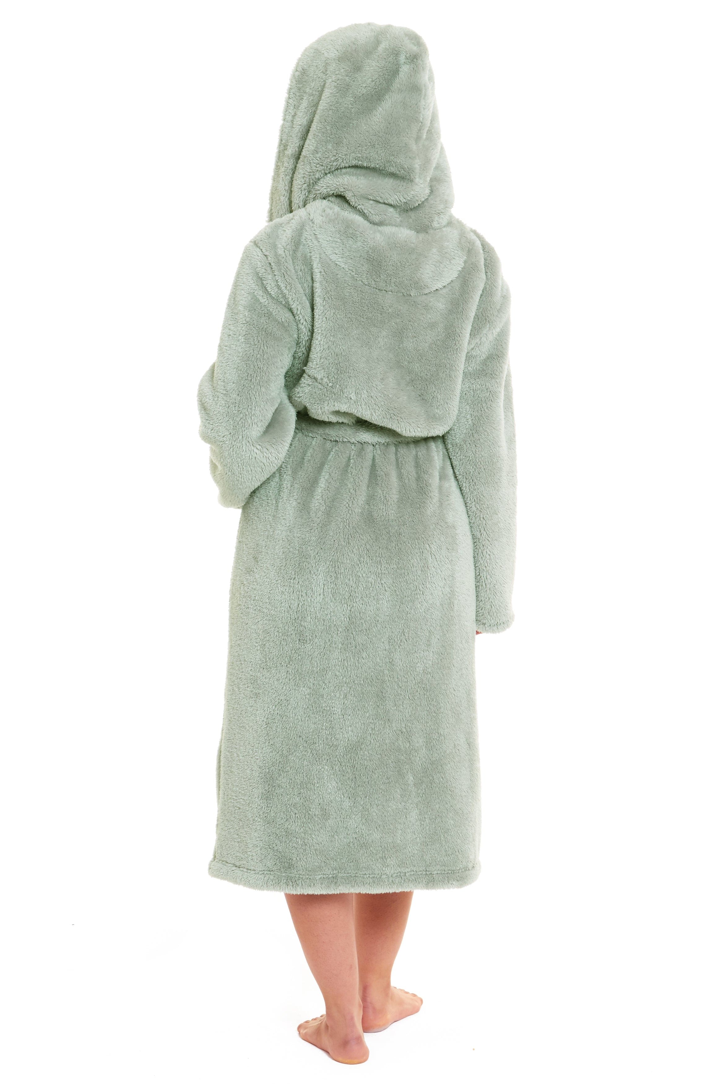 Women's Sage Green Snuggle Fleece Touch Hooded Robe Luxurious Soft Loungewear Cosy Durable Dressing Gown UK Sizes 8-22