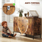 Rustic brown sideboard with anti-tipping strap on dark metal legs
