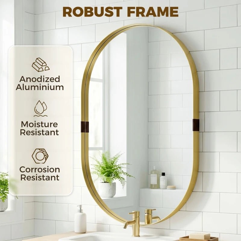 Gold-tone oval bathroom mirror with anodized aluminum moisture- and corrosion-resistant frame