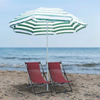 Green and white striped beach parasol canopy on white center pole