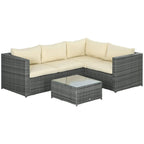 Corner rattan sofa set with beige cushions, dark grey weave, and glass-top coffee table