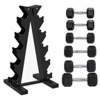 Black 5-tier dumbbell storage rack with 6 hex rubber dumbbells and chrome handles