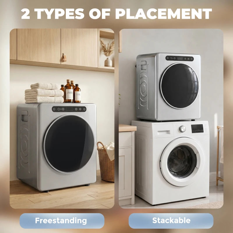 Silver compact tumble dryer freestanding and stackable configurations shown