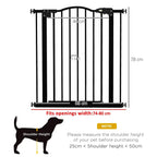 Black pet gate with vertical bars and arched top, size layout graphic for opening fit