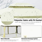 Cream polyester gazebo fabric with mesh sidewalls and PA-coated material close-up