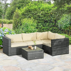 Outdoor corner rattan sofa set with beige cushions, dark grey weave, and glass-top coffee table