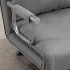Light grey click-clack sofa bed armrest close-up with metal handle and frame