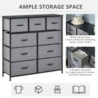 Grey fabric dresser with 9 storage drawers and black handles on a black metal frame