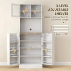 White kitchen storage cabinet with three adjustable shelf levels, open center doors